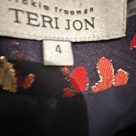 Teri Jon Blue Jacquard Floral Print Box Pleat Fit n Flair  Size4   Navy Multi - Picture 12 of 12